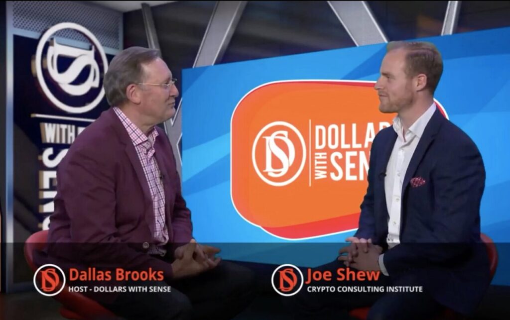 Joe Shew interviewed by host Dallas Brooks on the Dollars with Sense television set